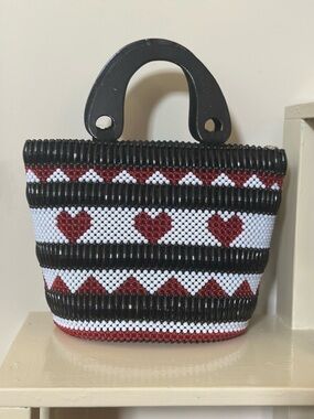 Handmade African Beaded Handbag With Wood Handles And Heart Accents